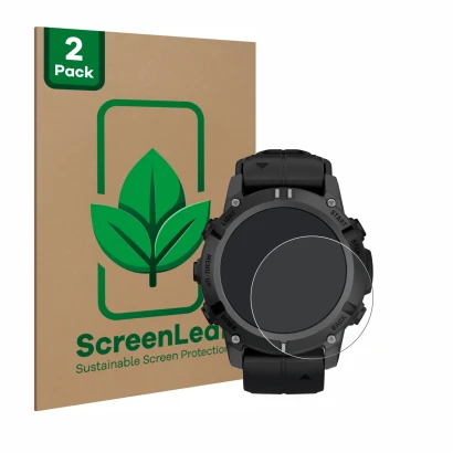 Face avant d’un emballage produit avec le logo de la marque ScreenLeaf. À côté, l’appareil Garmin Descent G2 est représenté av