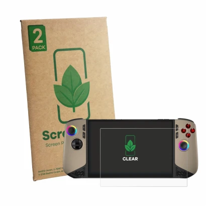 Face avant d’un emballage produit avec le logo de la marque ScreenLeaf. À côté, l’appareil MSI Claw 8 AI+ est représenté avec 
