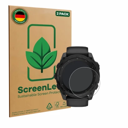 Face avant d’un emballage produit avec le logo de la marque ScreenLeaf. À côté, l’appareil Garmin Tactix 8 Solar (51 mm) est r