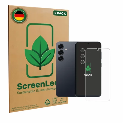 Face avant d’un emballage produit avec le logo de la marque ScreenLeaf. À côté, l’appareil Samsung Galaxy S25 Enterprise Editi