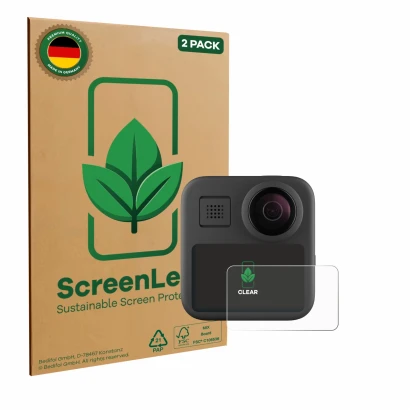 Face avant d’un emballage produit avec le logo de la marque ScreenLeaf. À côté, l’appareil GoPro Max (2025) est représenté ave