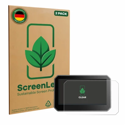Face avant d’un emballage produit avec le logo de la marque ScreenLeaf. À côté, l’appareil Elegoo Centauri Carbon 4,3" est rep