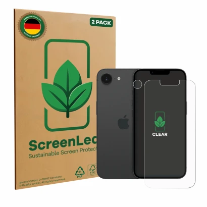 Face avant d’un emballage produit avec le logo de la marque ScreenLeaf. À côté, l’appareil Apple iPhone 16e (Avant+Caméra) est