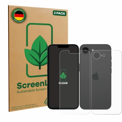 Face avant d’un emballage produit avec le logo de la marque ScreenLeaf. À côté, l’appareil Apple iPhone 16e (Avant+Arrière) es