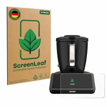 Face avant d’un emballage produit avec le logo de la marque ScreenLeaf. À côté, l’appareil Vorwerk Thermomix TM7 est représent