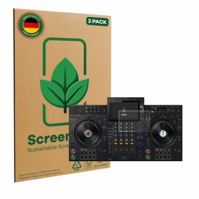 Face avant d’un emballage produit avec le logo de la marque ScreenLeaf. À côté, l’appareil Pioneer XDJ-AZ est représenté avec 