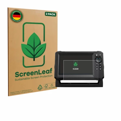 Face avant d’un emballage produit avec le logo de la marque ScreenLeaf. À côté, l’appareil Lowrance Eagle 7 est représenté ave