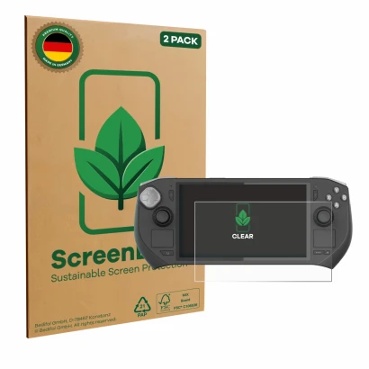 Face avant d’un emballage produit avec le logo de la marque ScreenLeaf. À côté, l’appareil Zotac Gaming Zone est représenté av