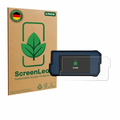 Face avant d’un emballage produit avec le logo de la marque ScreenLeaf. À côté, l’appareil KTM 390 / 890 Adventure 2020+ est r