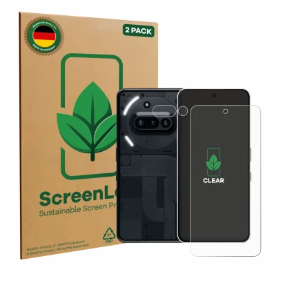 Face avant d’un emballage produit avec le logo de la marque ScreenLeaf. À côté, l’appareil Nothing Phone (3a) (Avant+Caméra) e