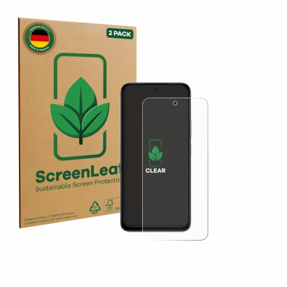 Face avant d’un emballage produit avec le logo de la marque ScreenLeaf. À côté, l’appareil Xiaomi Poco M7 est représenté avec 