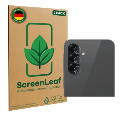 Face avant d’un emballage produit avec le logo de la marque ScreenLeaf. À côté, l’appareil Samsung Galaxy A56 5G (Caméra UNIQU