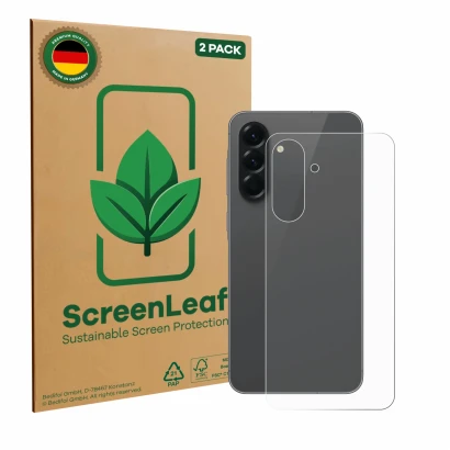 Face avant d’un emballage produit avec le logo de la marque ScreenLeaf. À côté, l’appareil Samsung Galaxy A56 5G (Arrière) est