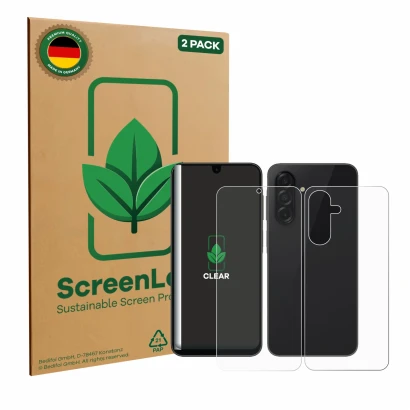 Face avant d’un emballage produit avec le logo de la marque ScreenLeaf. À côté, l’appareil Samsung Galaxy A26 5G (Avant+Arrièr
