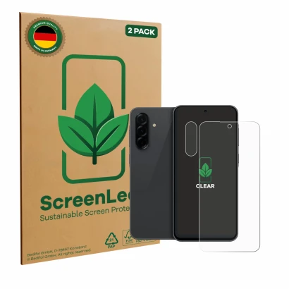Face avant d’un emballage produit avec le logo de la marque ScreenLeaf. À côté, l’appareil Samsung Galaxy A36 5G (Avant+Caméra