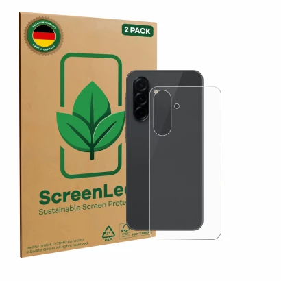 Face avant d’un emballage produit avec le logo de la marque ScreenLeaf. À côté, l’appareil Samsung Galaxy A36 5G (Arrière) est