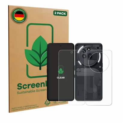 Face avant d’un emballage produit avec le logo de la marque ScreenLeaf. À côté, l’appareil Nothing Phone (3a) Pro (Avant+Arriè