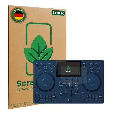 Face avant d’un emballage produit avec le logo de la marque ScreenLeaf. À côté, l’appareil AlphaTheta OMNIS-Duo (Jog) est repr