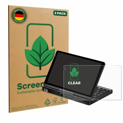 Face avant d’un emballage produit avec le logo de la marque ScreenLeaf. À côté, l’appareil GPD Pocket 4 est représenté avec la