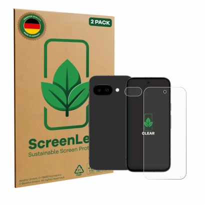 Face avant d’un emballage produit avec le logo de la marque ScreenLeaf. À côté, l’appareil Google Pixel 9a (Avant+Caméra) est 