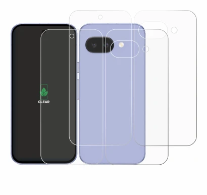 Image de l'appareil Google Pixel 9a (Avant+Arrière) avec une grande variété de protections d'écran.