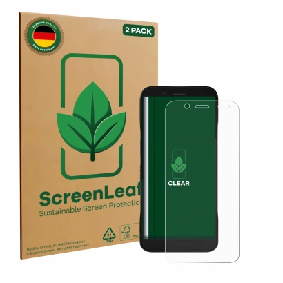 Face avant d’un emballage produit avec le logo de la marque ScreenLeaf. À côté, l’appareil Datalogic Memor 12 est représenté a