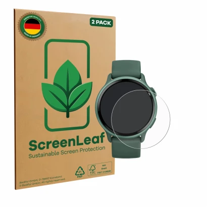 Face avant d’un emballage produit avec le logo de la marque ScreenLeaf. À côté, l’appareil Garmin vivoactive 6 est représenté 