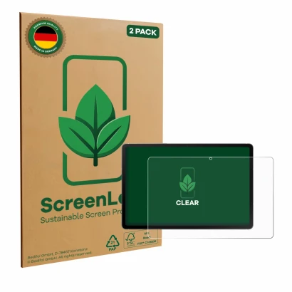 Face avant d’un emballage produit avec le logo de la marque ScreenLeaf. À côté, l’appareil Samsung Galaxy Tab S10 FE WiFi est 