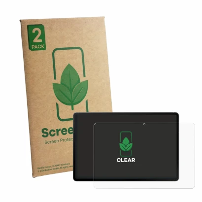Face avant d’un emballage produit avec le logo de la marque ScreenLeaf. À côté, l’appareil Samsung Galaxy Tab S10 FE 5G est re