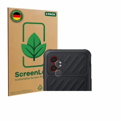 Face avant d’un emballage produit avec le logo de la marque ScreenLeaf. À côté, l’appareil Samsung Galaxy XCover 7 Pro (Caméra