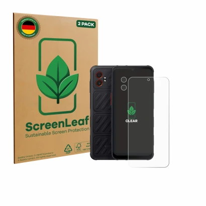 Face avant d’un emballage produit avec le logo de la marque ScreenLeaf. À côté, l’appareil Samsung Galaxy XCover 7 Pro (Avant+
