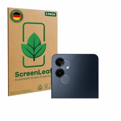 Face avant d’un emballage produit avec le logo de la marque ScreenLeaf. À côté, l’appareil Samsung Galaxy A06 5G (Caméra UNIQU
