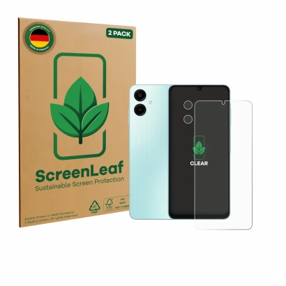 Face avant d’un emballage produit avec le logo de la marque ScreenLeaf. À côté, l’appareil Samsung Galaxy A06 5G (Avant+Caméra