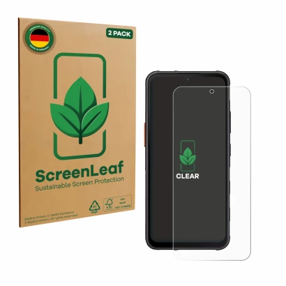 Face avant d’un emballage produit avec le logo de la marque ScreenLeaf. À côté, l’appareil Samsung Galaxy XCover 7 Enterprise 