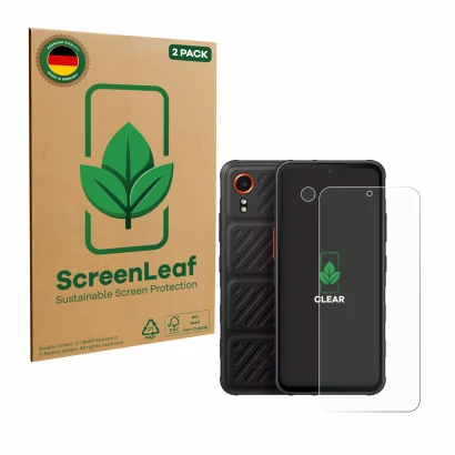 Face avant d’un emballage produit avec le logo de la marque ScreenLeaf. À côté, l’appareil Samsung Galaxy XCover 7 Enterprise 