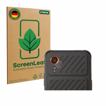 Face avant d’un emballage produit avec le logo de la marque ScreenLeaf. À côté, l’appareil Samsung Galaxy XCover 7 Enterprise 