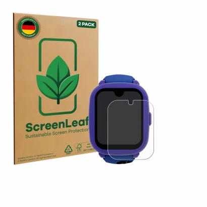 Face avant d’un emballage produit avec le logo de la marque ScreenLeaf. À côté, l’appareil SaveFamily Iconic Plus 2 4G est rep