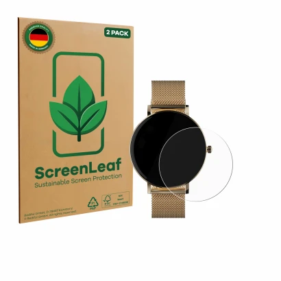 Face avant d’un emballage produit avec le logo de la marque ScreenLeaf. À côté, l’appareil ZenWatch Venice Pro est représenté 