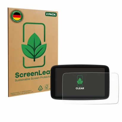 Face avant d’un emballage produit avec le logo de la marque ScreenLeaf. À côté, l’appareil TomTom Go Navigator 6" (2ème généra