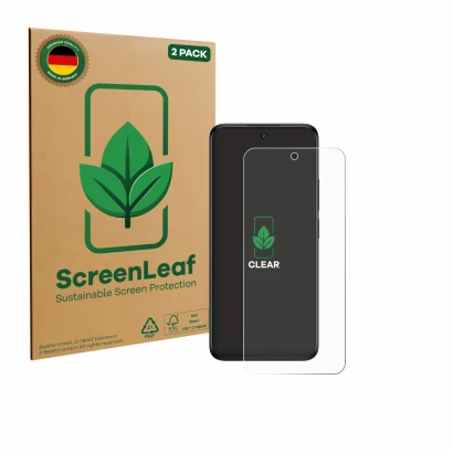 Face avant d’un emballage produit avec le logo de la marque ScreenLeaf. À côté, l’appareil TCL 60R 5G est représenté avec la p