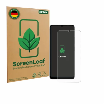 Face avant d’un emballage produit avec le logo de la marque ScreenLeaf. À côté, l’appareil Doogee Note 59 Pro est représenté a
