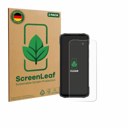 Face avant d’un emballage produit avec le logo de la marque ScreenLeaf. À côté, l’appareil Doogee Blade 20 Turbo est représent