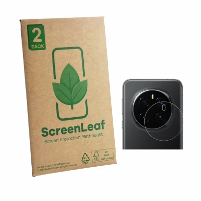 Face avant d’un emballage produit avec le logo de la marque ScreenLeaf. À côté, l’appareil Honor Magic 7 Pro (Caméra UNIQUEMEN