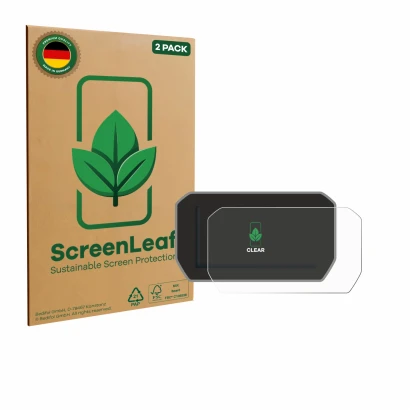 Face avant d’un emballage produit avec le logo de la marque ScreenLeaf. À côté, l’appareil Ducati V4 Rally (2024) est représen