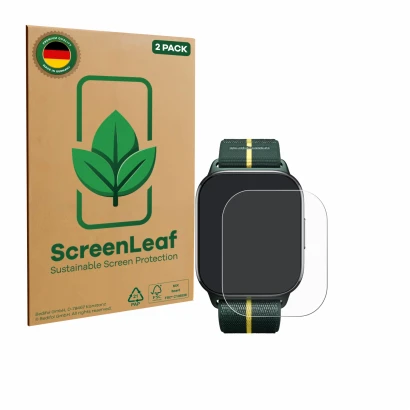Face avant d’un emballage produit avec le logo de la marque ScreenLeaf. À côté, l’appareil Motorola Moto watch fit est représe