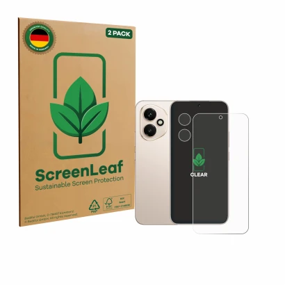 Face avant d’un emballage produit avec le logo de la marque ScreenLeaf. À côté, l’appareil Honor 400 (Avant+Caméra) est représ