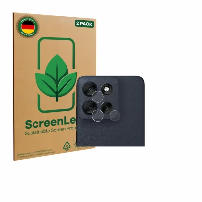 Face avant d’un emballage produit avec le logo de la marque ScreenLeaf. À côté, l’appareil Motorola Moto G56 (Caméra UNIQUEMEN