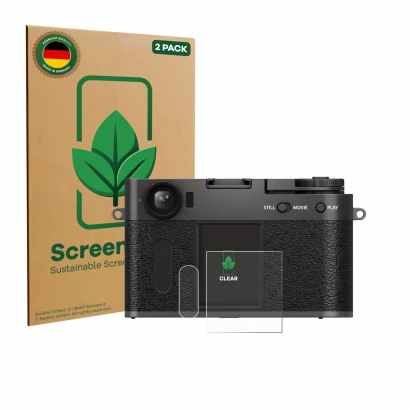 Face avant d’un emballage produit avec le logo de la marque ScreenLeaf. À côté, l’appareil Fujifilm X Half X-HF1 est représent