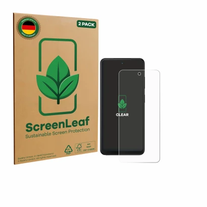 Face avant d’un emballage produit avec le logo de la marque ScreenLeaf. À côté, l’appareil Xplora HMD Fusion X1 est représenté