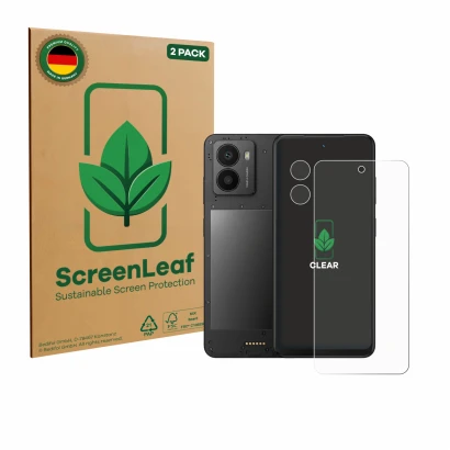 Face avant d’un emballage produit avec le logo de la marque ScreenLeaf. À côté, l’appareil Xplora HMD Fusion X1 (Avant+Caméra)